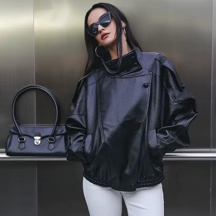 MUJER Faux cuir femme veste noir surdimensionné Bomber vestes pour femmes vêtements d'extérieur hiver pardessus