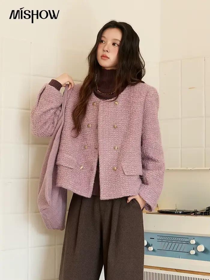 MISHOW manteau en laine femme 2025 violet luxe col rond Double boutonnage Tweed