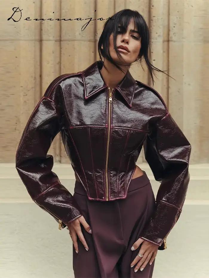 Veste en cuir à revers tendance pour femme