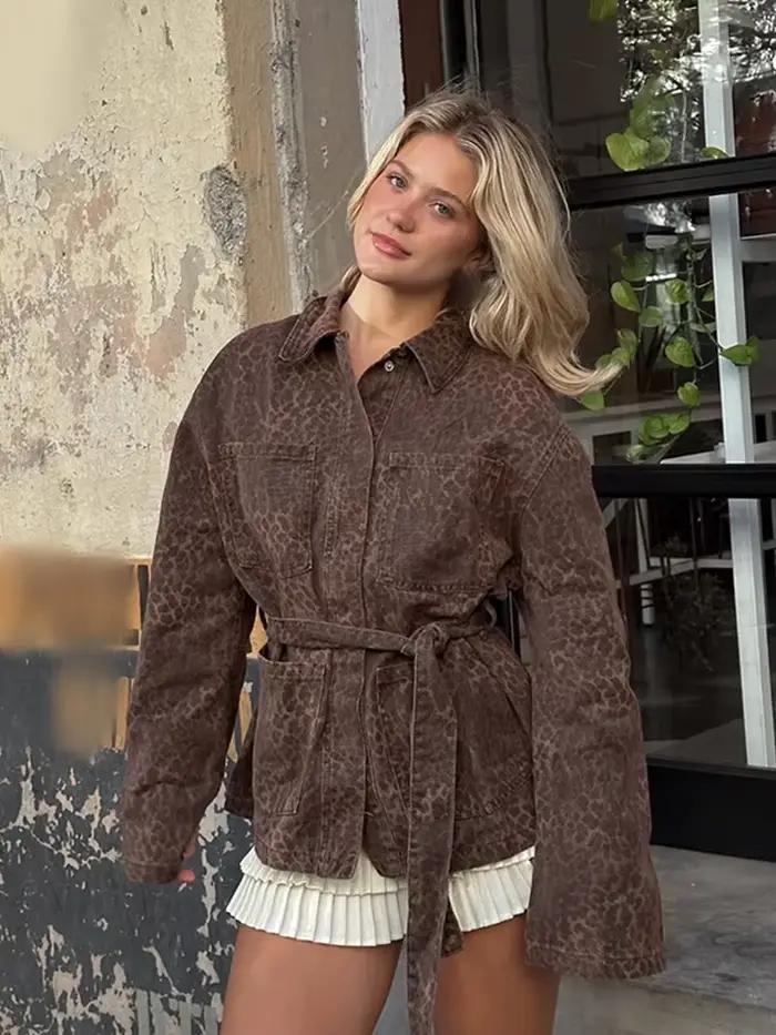 HH femmes mode manteaux léopard col rabattu manches longues nœud à lacets décoration simple boutonnage femme automne vestes