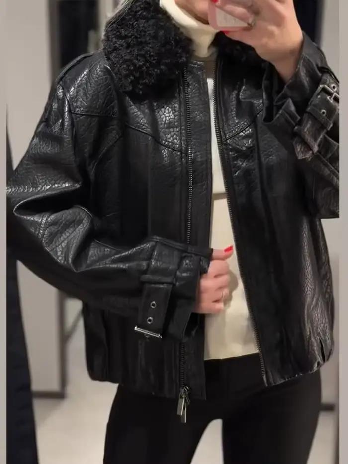 Veste en cuir à col en fausse fourrure femme style chic occassions spéciales soirée élégante polyvalente matériaux polyester lin