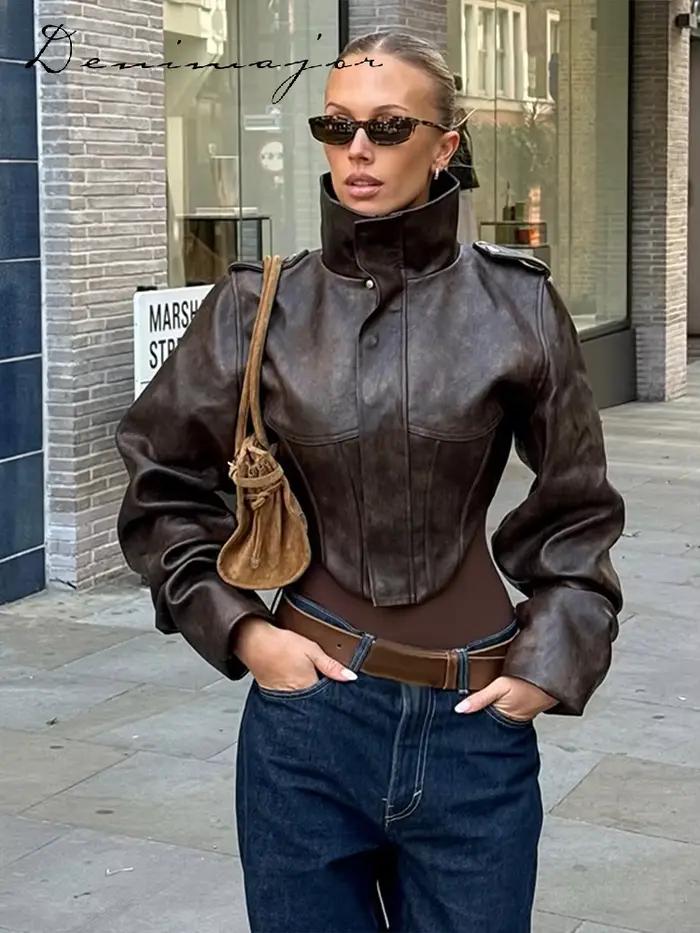 Veste en cuir à revers tendance pour femme