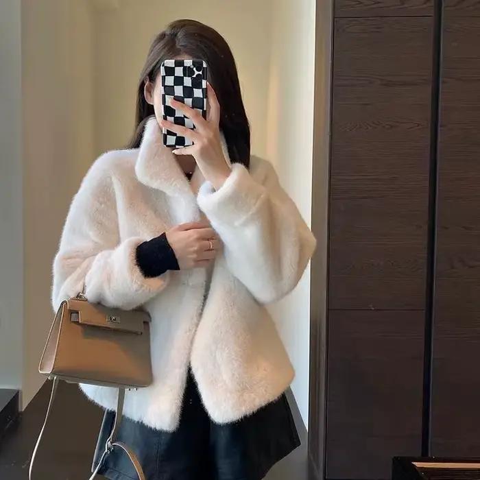 Nouveau manteau en velours de vison noir avec col montant intégré en fourrure
