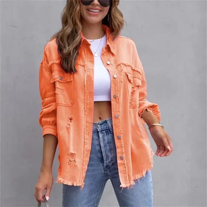Veste en jean monochrome pour femme avec trous cassés, cardigan boutonné, manteau confortable, streetwear décontracté, mode pour femme
