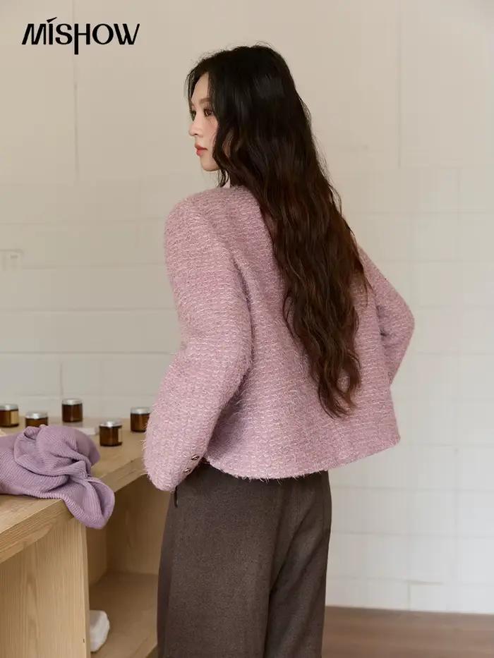 MISHOW manteau en laine femme 2025 violet luxe col rond Double boutonnage Tweed