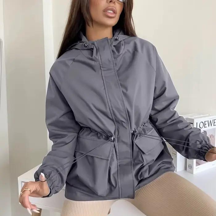 Femmes Hardshell veste décontracté à capuche manteaux courts solide cordon manches longues poches fermeture éclair coupe ample bureau dame 2025 printemps