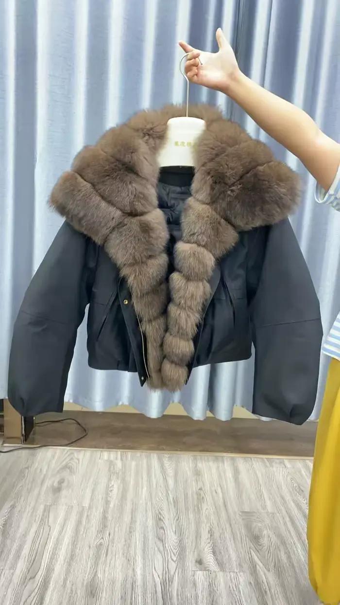 Veste d'hiver en duvet d'oie blanche pour femme, manteau épais et chaud en fourrure naturelle, col en vraie fourrure de renard, ample et bouffante, pour les saisons d'automne et d'hiver