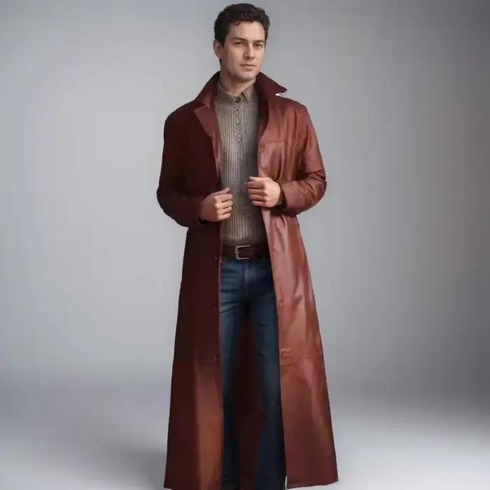Nouvelles vestes longues en cuir pour hommes 2026 – Manteau trench gothique punk à boutons