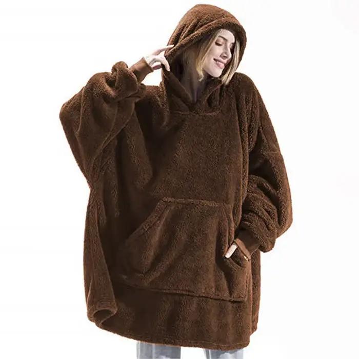 Femmes hiver épais chaud vêtements d'extérieur à capuche solide élégant doux Double polaire veste unisexe poche pull