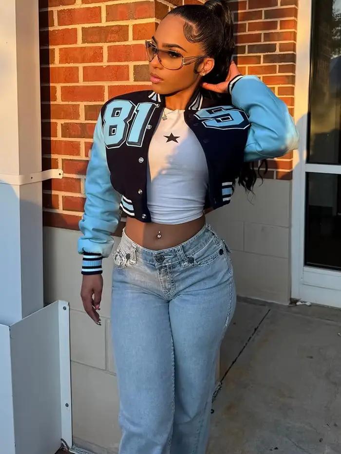 Sisterlinda Hipster Uniforme Veste Femmes Patchwork Faux En Cuir Manches Automne Tendance Rue Lettre Imprimer Streetwear De Base Crop Manteau