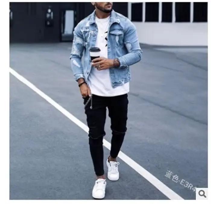 Mode hommes vestes printemps automne nouveau revers hommes veste en jean trous irrégulière lavage veste hommes à manches longues Cardigan hauts