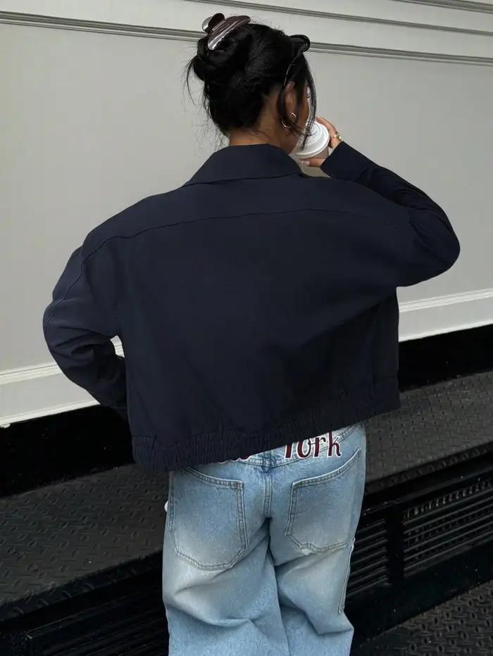 Veste de travail courte cintrée à revers pour femme, bleu marine, manteau décontracté polyvalent pour le quotidien