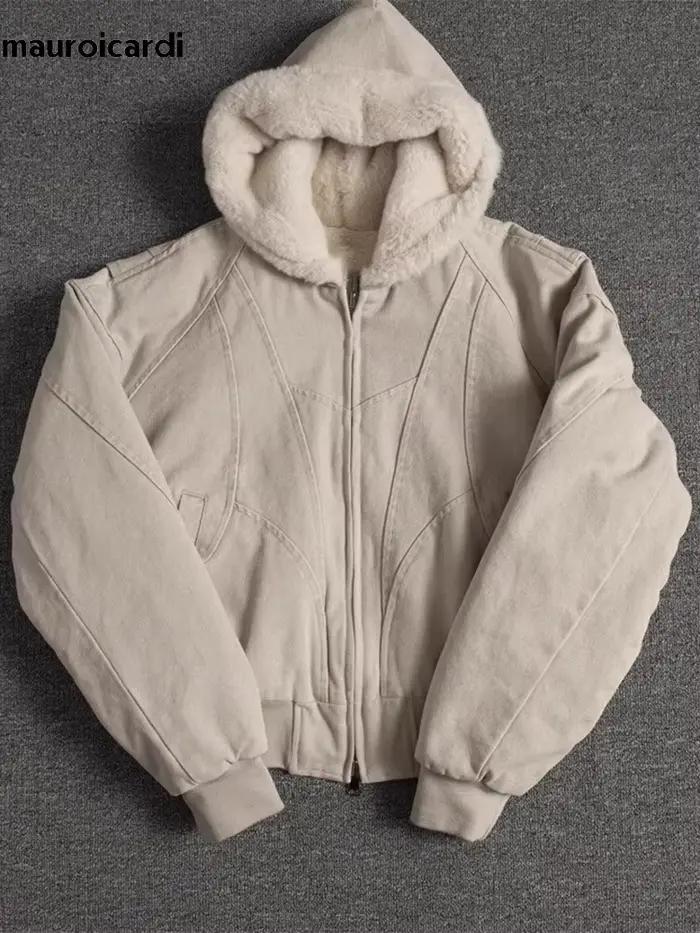Mauroicardi automne hiver court épaissi chaud surdimensionné toile lavé rembourré veste avec fausse fourrure à l'intérieur ample sweat à capuche décontracté