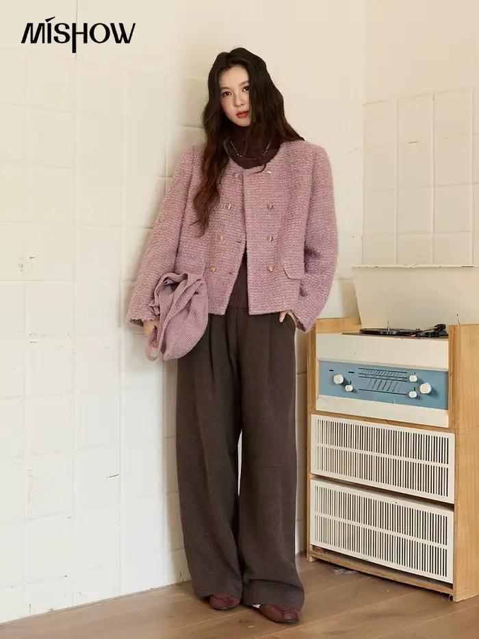 MISHOW manteau en laine femme 2025 violet luxe col rond Double boutonnage Tweed
