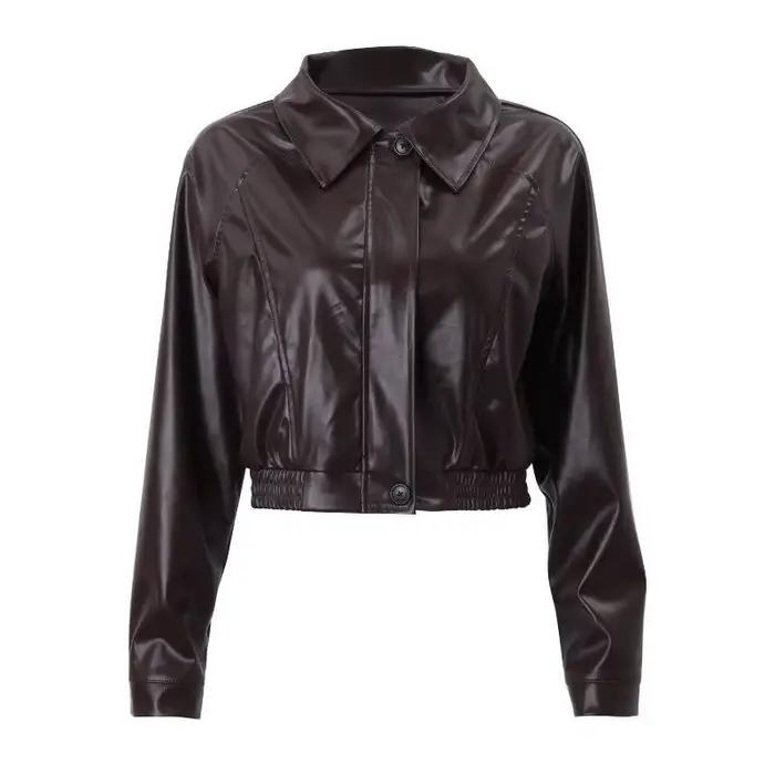 Vêtements pour femmes 2025 nouvelle veste courte en cuir rétro fermeture éclair PU