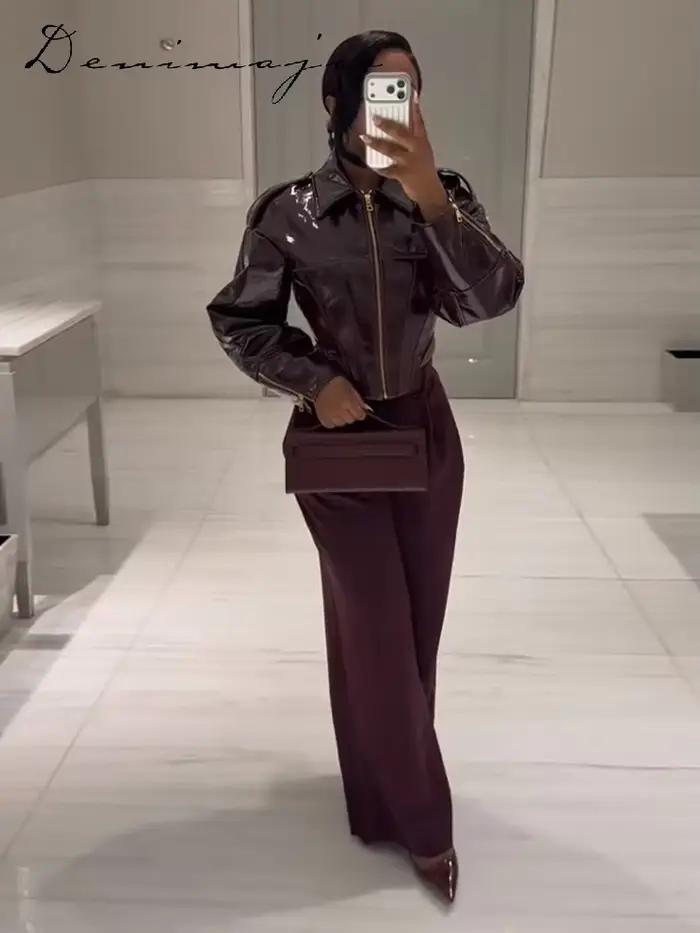 Veste en cuir à revers tendance pour femme