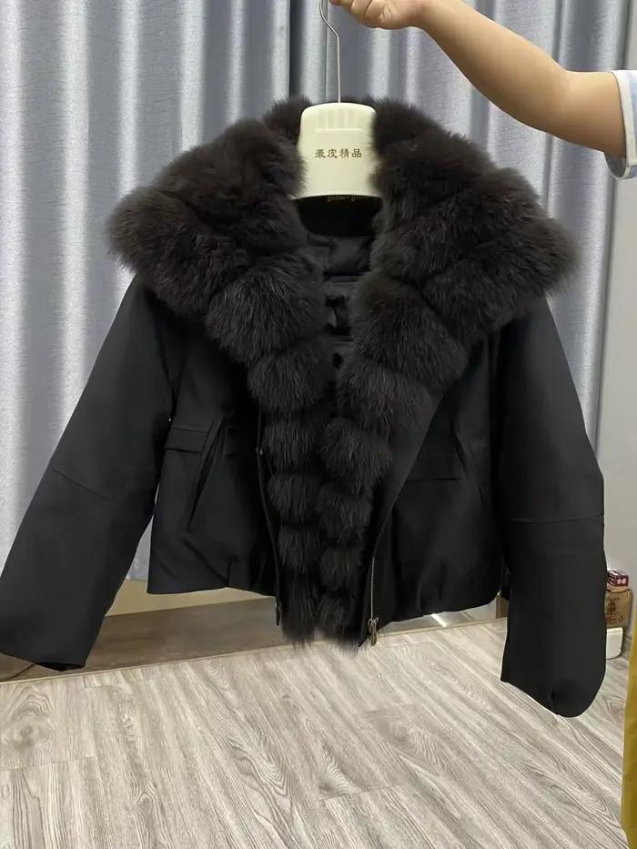 Veste d'hiver en duvet d'oie blanche pour femme, manteau épais et chaud en fourrure naturelle, col en vraie fourrure de renard, ample et bouffante, pour les saisons d'automne et d'hiver