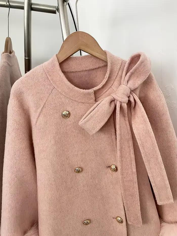 OFTBUY veste en laine avec nœud mi-longue col rond 100% manteau en laine femme nouveau automne hiver Double boutonnage vraie fourrure de renard vêtements en laine