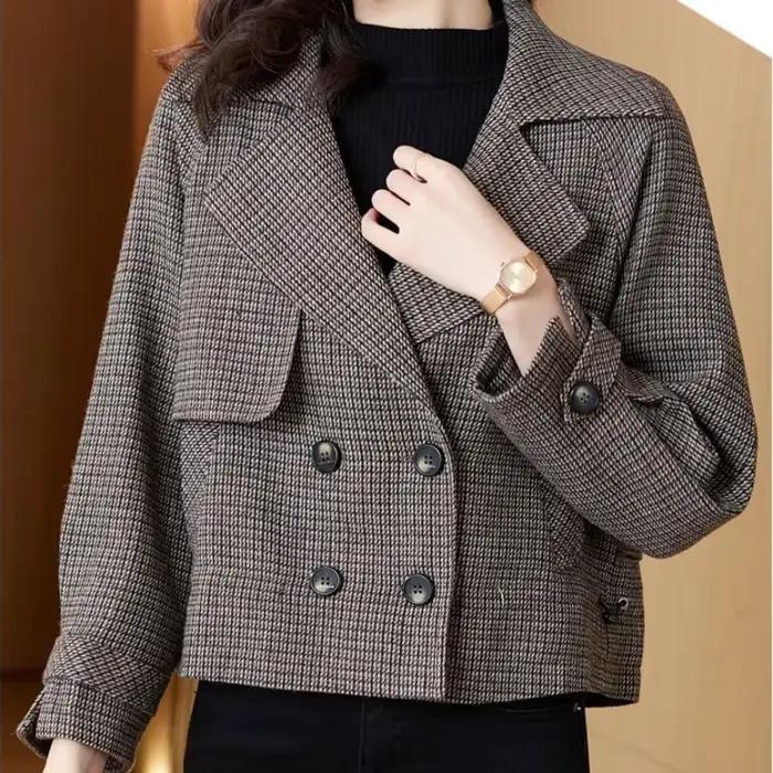 Veste à carreaux RankSweet pour femmes, style coréen, matériau coton-polyester-acétate, tendance vintage, automne-hiver, col en V, fermeture boutonnée, vestes courtes pour femmes