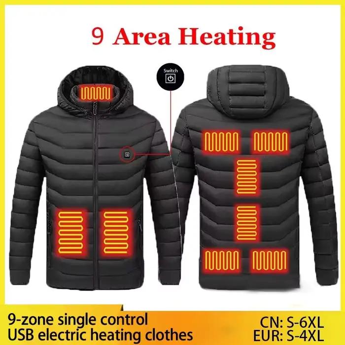 9 zones veste chauffante hommes hiver chaud USB vestes chauffantes Thermostat intelligent à capuche à manches longues vêtements chauffants manteau imperméable