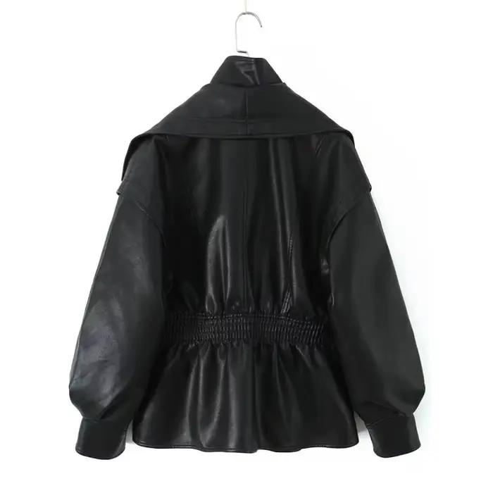 Veste en similicuir printemps-été 2026 pour femme, col rabattu tendance, manches lanternes polyvalentes occassions spéciales automne hiver