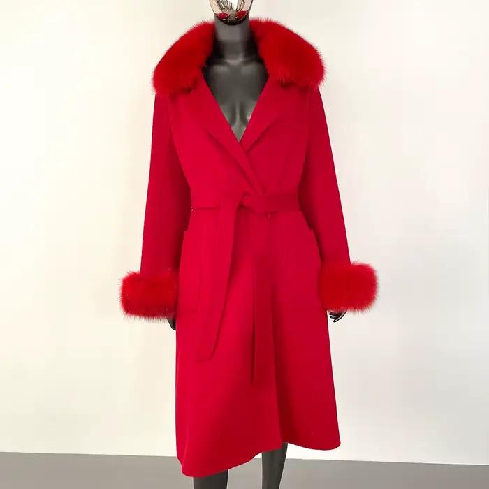 GENHUA manteau de fourrure de renard femmes laine 2025 automne hiver manteau naturel réel col de fourrure de renard laine dames ceinture vêtements d'extérieur chauds Streetwear