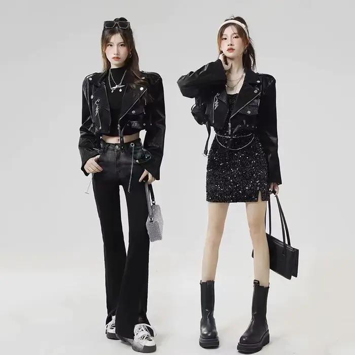 Blouson aviateur en similicuir PU femme, manteau court, lettre imprimée cool, streetwear moto, mode printemps