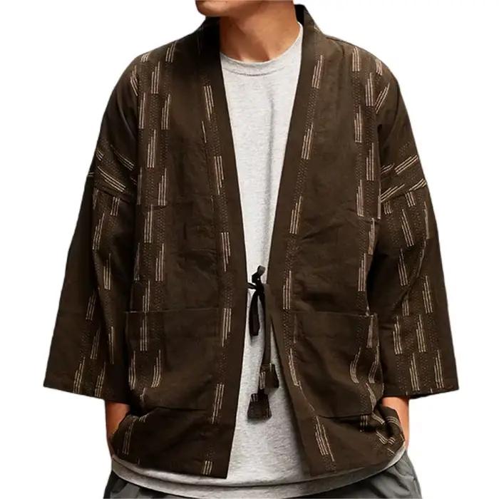 Veste Kimono fine en coton et lin pour hommes, motif rayé, Vintage, épaules tombantes, manches trois quarts, Haori japonais