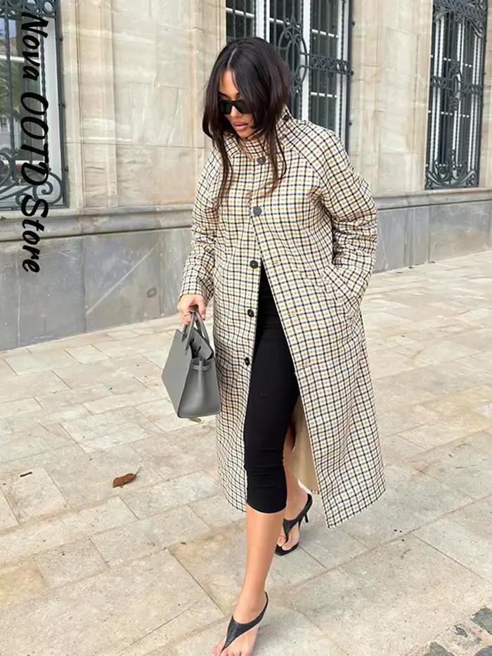 Nouveau Trench-coat long réversible à carreaux pour femme