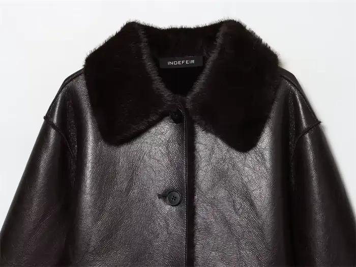 Veste femme 2025 automne/hiver nouveautés marron foncé à manches longues en simili cuir