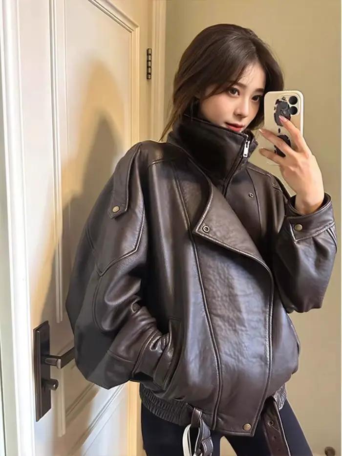 Veste surdimensionnée en cuir de peau d'agneau