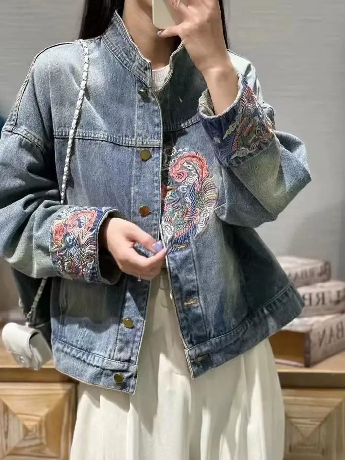 Veste en jean brodée pour femme, manteau vintage chinois, vêtements d'extérieur courts pour femme, col montant, rue haute, décontracté, nouveau