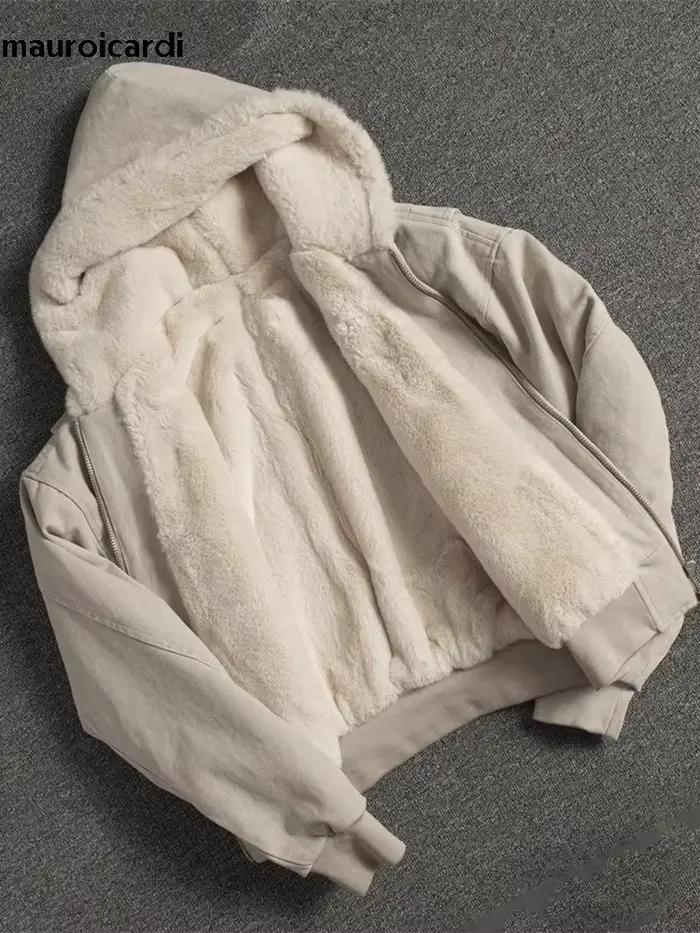 Mauroicardi automne hiver court épaissi chaud surdimensionné toile lavé rembourré veste avec fausse fourrure à l'intérieur ample sweat à capuche décontracté