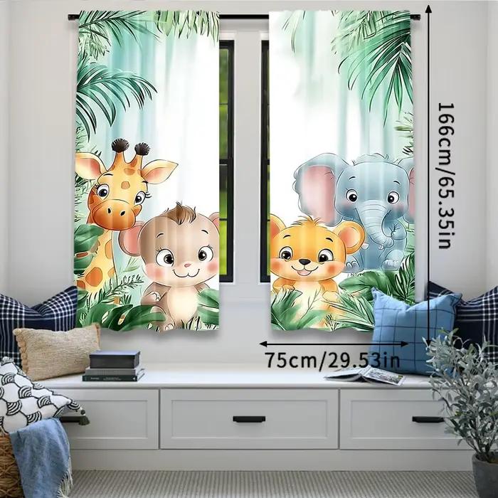 Rideaux College animaux de dessin animé fantaisiste, thème zoo, safari, parc, salon, chambre à coucher, 2 pièces