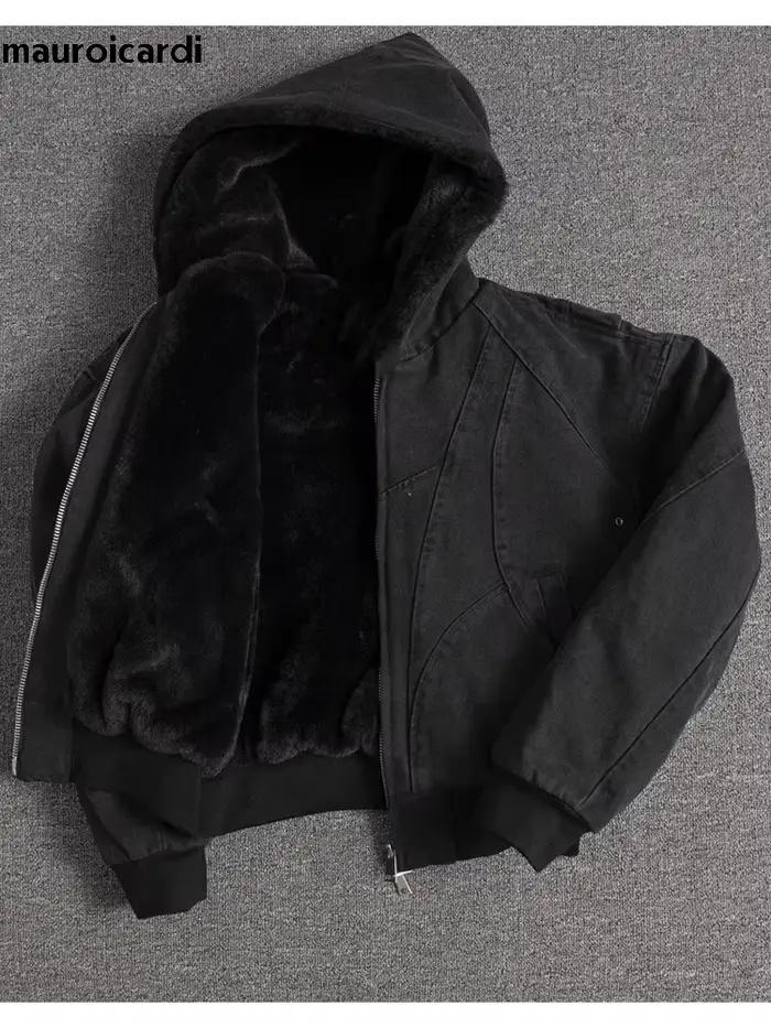 Mauroicardi automne hiver court épaissi chaud surdimensionné toile lavé rembourré veste avec fausse fourrure à l'intérieur ample sweat à capuche décontracté