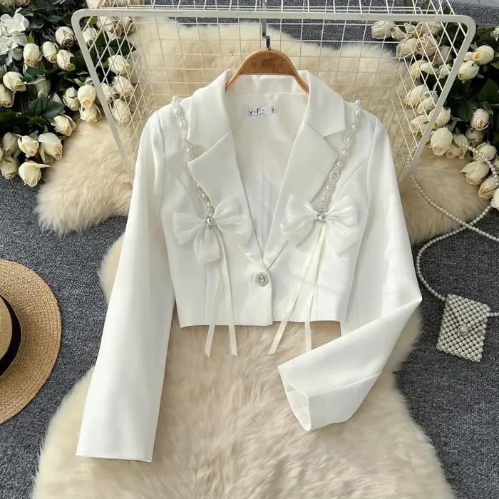 Veste courte crantée à manches longues pour femmes, blazer à fleurs, mode coréenne, High Street Comb3D