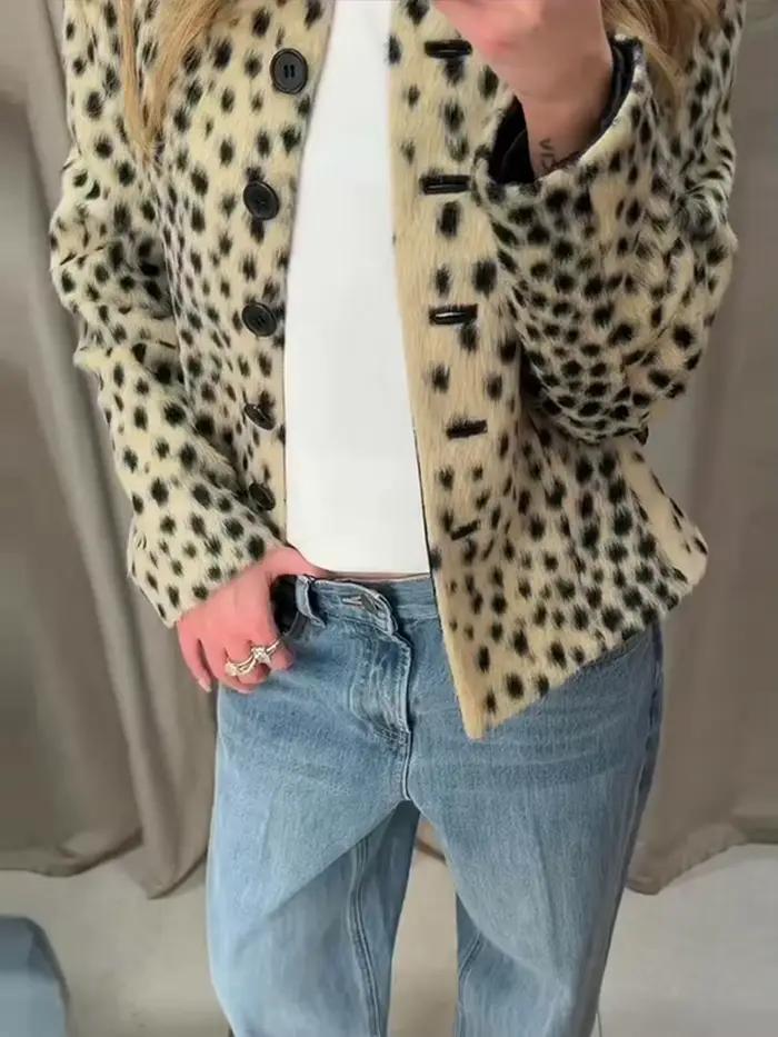 Manteaux pour femmes, veste à col rond à manches longues à imprimé léopard