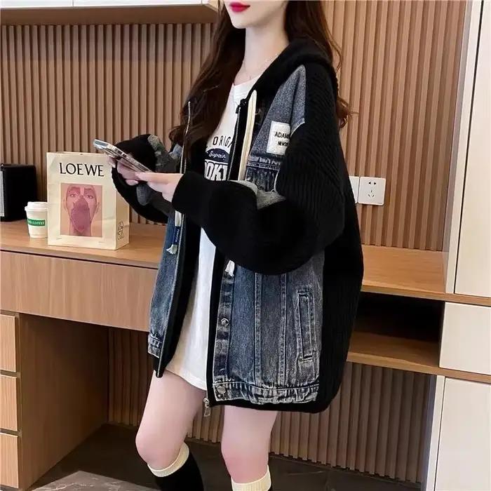 Veste en Jean noir pour femmes hiver 2025 vêtements d'extérieur froids graphique avec imprimé à capuche chaud tricoté