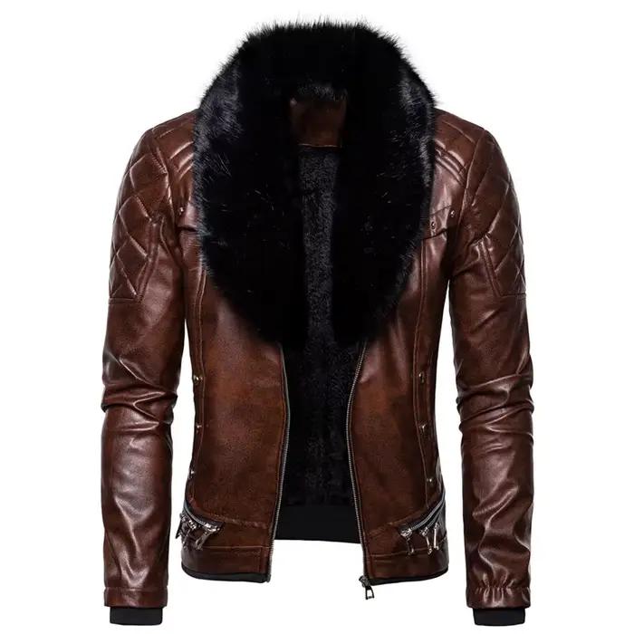 Nouveau hiver polaire Moto veste en cuir hommes rabattu col de fourrure coupe ajustée chaud PU Bomber vestes manteaux
