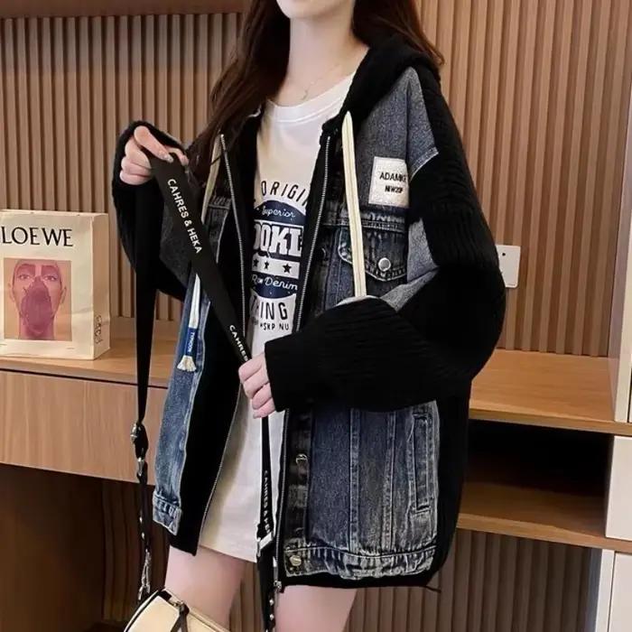Veste en Jean noir pour femmes hiver 2025 vêtements d'extérieur froids graphique avec imprimé à capuche chaud tricoté
