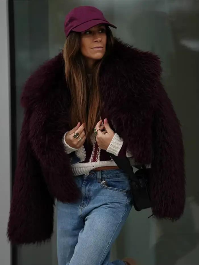 Manteau en fourrure moelleux bordeaux pour femmes