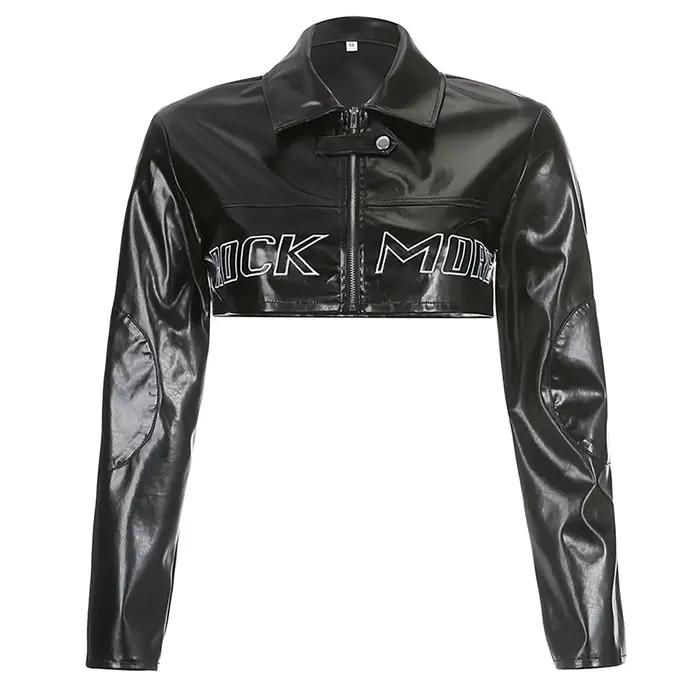 Veste courte en cuir Pu avec lettres brodées pour femmes