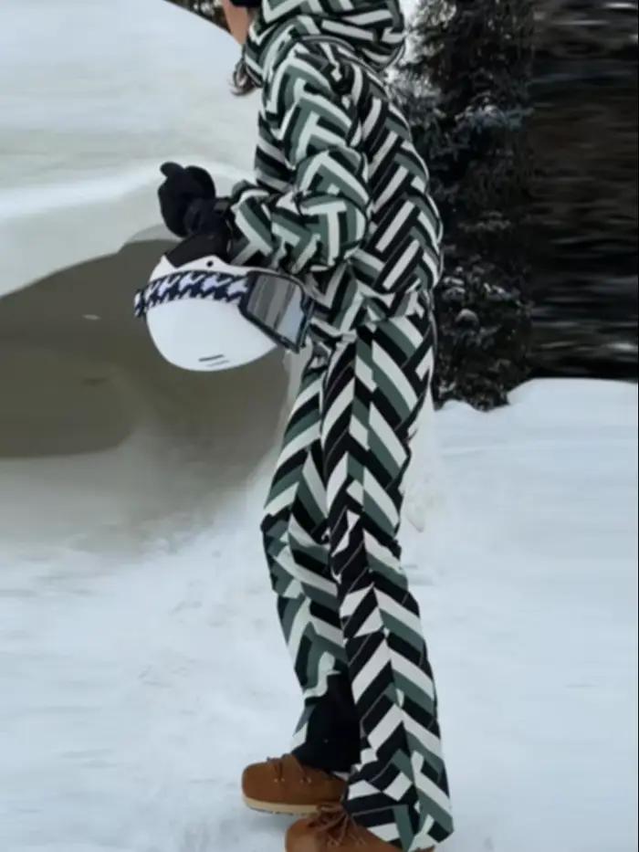 Combinaison de ski Lovely Ran vert rayé noir et blanc pour femmes, pantalon chaud, veste épaisse, occassions hiver et sports d'hiver