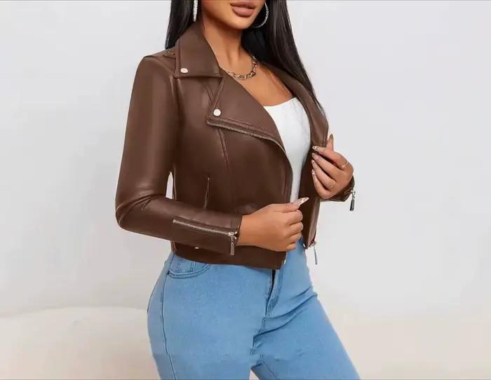 Veste en cuir noir haut de gamme au design tendance pour femmes