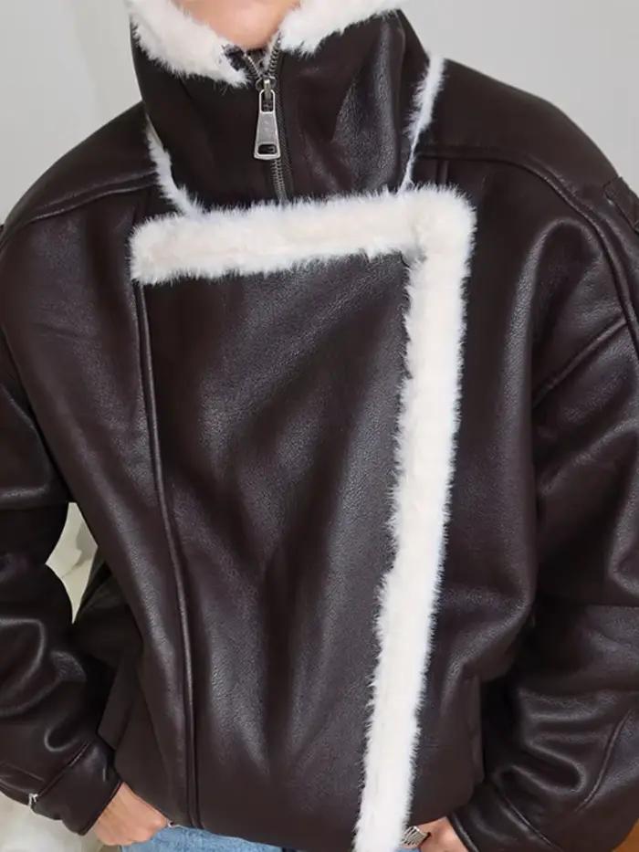 Veste irrégulière en cuir PU marron foncé pour femme