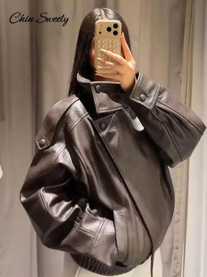 Veste en cuir vintage à col montant pour femme