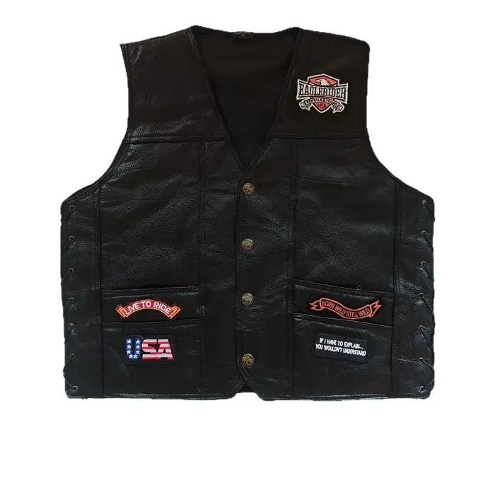 Gilet en cuir véritable pour homme motif Angora style urbain veste de motard col en V blouson de moto badge brodé occasionnellement décontracté polyvalent pour quatre saisons
