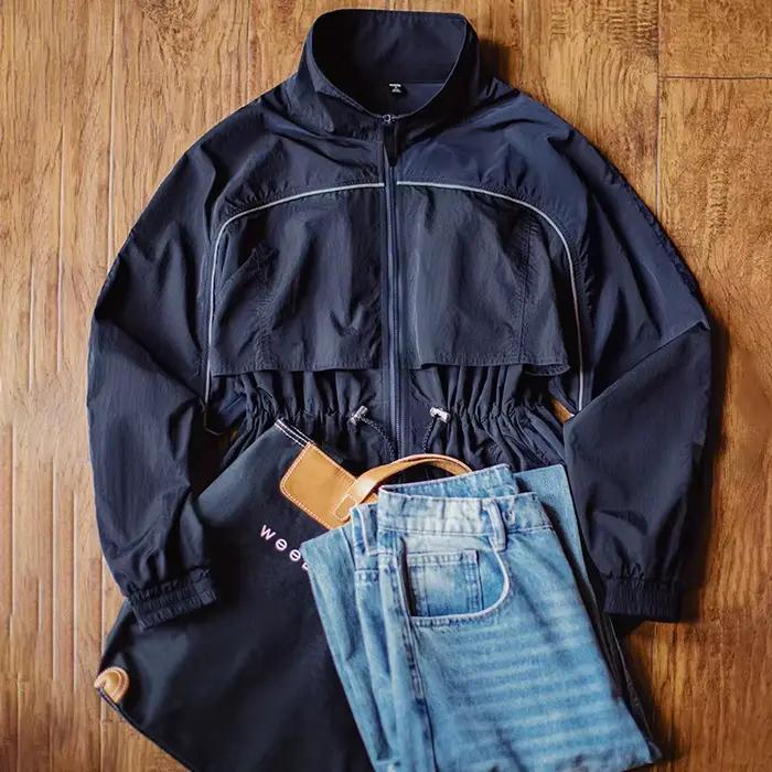 Maden Veste coupe-vent courte légère à col montant pour femme Parka contrastée bleu marine avec cintré à la taille pour le printemps et l'automne