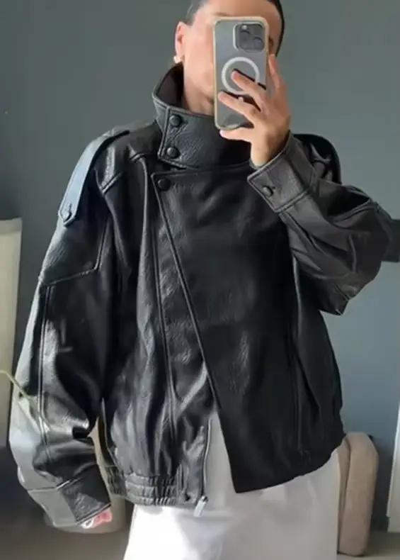 Veste femme automne 2025 nouveau noir à manches longues galets Faux cuir