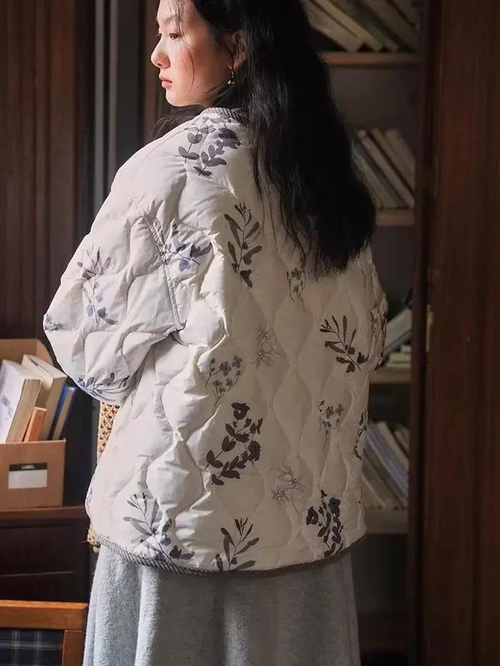 Veste matelassée florale vintage pour femmes, style bureau-dame, coton-polyester, design matelassé, ouverture totale, boutonnage simple, pour automne-hiver